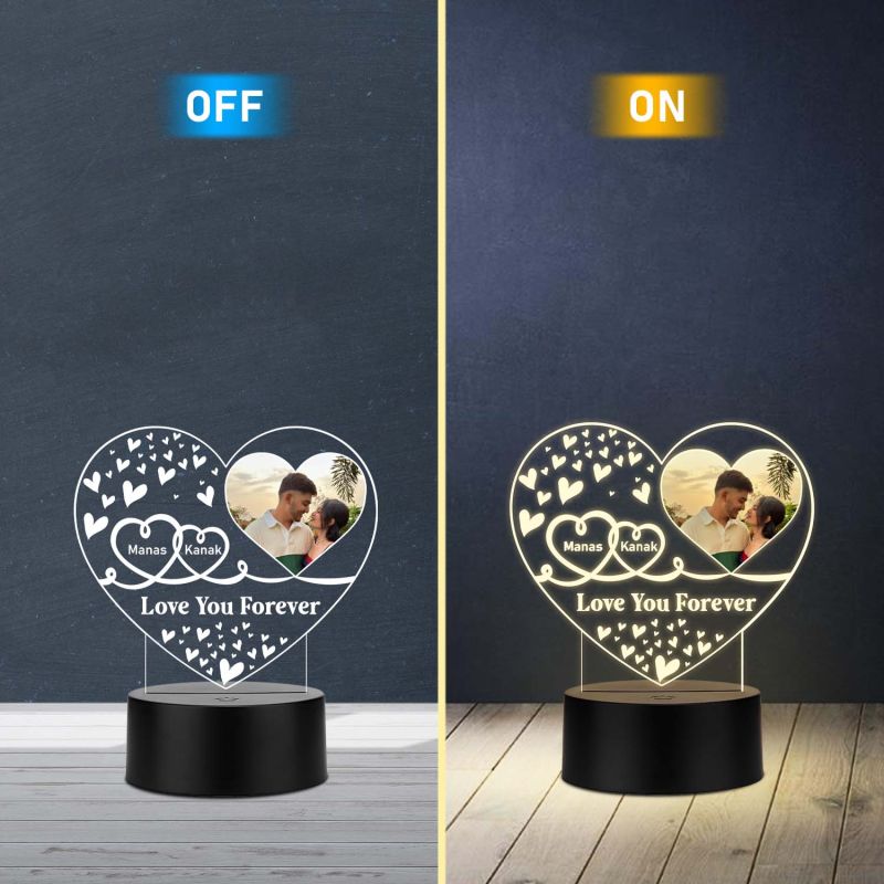Personalized Heart Photo 3D LED Night Light | Custom Name & Picture Lamp with Love You Forever, Anniversary & Birthday Gift for Husband & Wife, Girlfriend Boyfriend (Warm White Light)